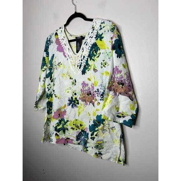 Premise Pink and White 3/4 Sleeve Embellished Blouse Linen Blend Size Large - Picture 3 of 9